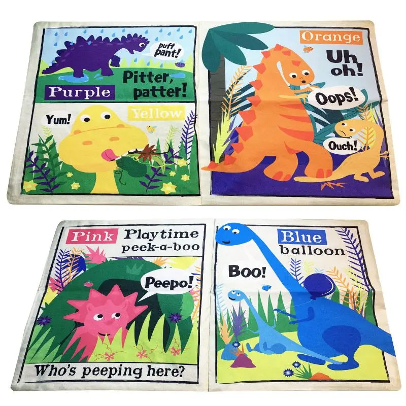 The Crinkly Cloth Book Rainbow Dinosaurs features four colorful, crinkly pages with playful cartoon dinos and labels: "Purple," "Yellow," "Orange," and "Blue"—a fun sensory book perfect for little hands.