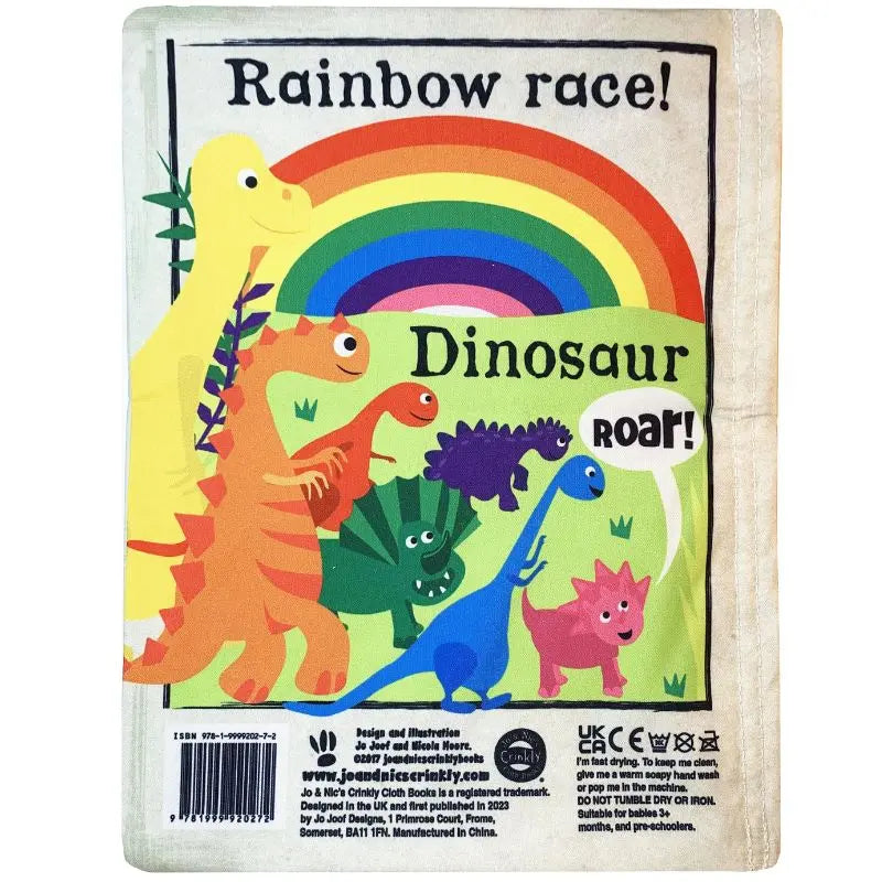 The "Crinkly Cloth Book Rainbow Dinosaurs" features colorful cartoon dinosaurs racing under a rainbow, bright text, and playful illustrations—perfect for sensory play or as a thoughtful baby gift.