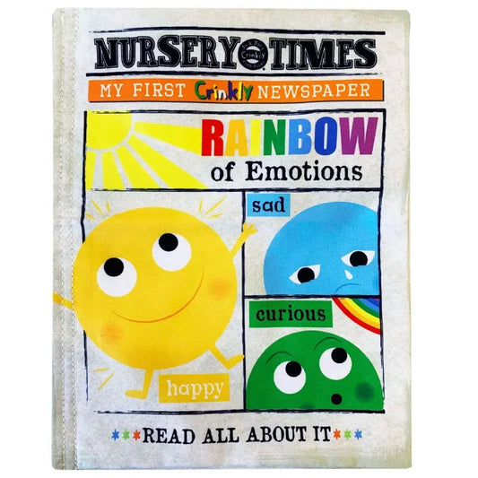Cover of "Crinkly Cloth Book Rainbow of Emotions" shows playful cartoon baby faces expressing happy, sad, and curious emotions in colorful text—a perfect newborn gift.