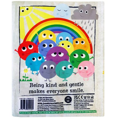 A group of colorful, round characters with smiling faces stand beneath a rainbow and gray raincloud. The Crinkly Cloth Book Rainbow of Emotions shares the message: "Being kind and gentle makes everyone smile." Ideal newborn gift!.
