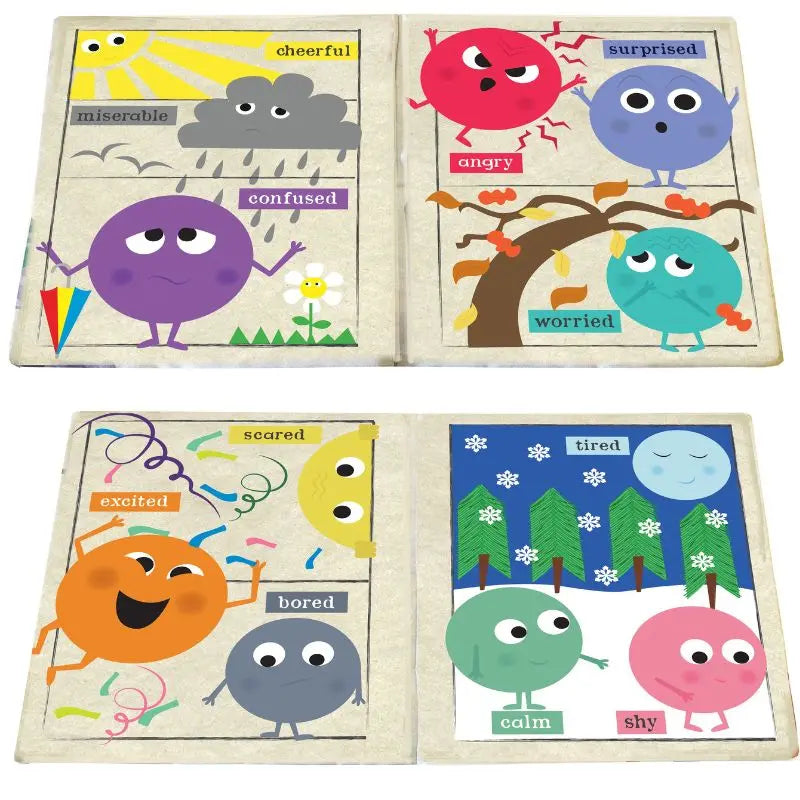 The Crinkly Cloth Book Rainbow of Emotions features colorful round characters with expressive faces and labels like cheerful, surprised, and worried—making it a perfect newborn gift.