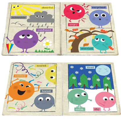 The Crinkly Cloth Book Rainbow of Emotions features colorful round characters with expressive faces and labels like cheerful, surprised, and worried—making it a perfect newborn gift.