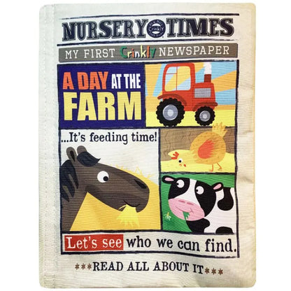 The Crinkly Cloth Book Farm Animals is a colorful, crinkly fabric book featuring farm animal illustrations like a tractor, horse, and cow with text about farm life—ideal for baby storytime and feeding time.