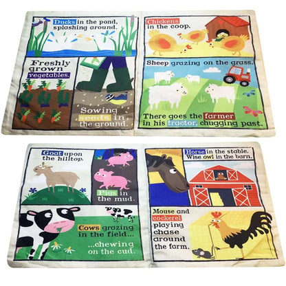 The Crinkly Cloth Book Farm Animals features vibrant scenes with ducks, chickens, cows, pigs, goats, veggies, a farmer on a tractor, and more. Perfect for baby storytime with colorful cartoon animals and fun crinkly pages.