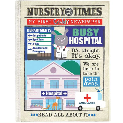 The cover of the Crinkly Cloth Book Hospital shows a cartoon rabbit doctor, hospital, ambulance, and medical department list with “Busy Hospital” and “Read all about it!”—a perfect gift for babies!.