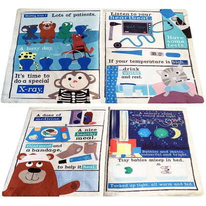 Crinkly Cloth Book Hospital has four colorful pages with cartoon animals, medical tools, a heartbeat monitor, medicine, and sleep—making this playful book about visiting the doctor a perfect baby gift.