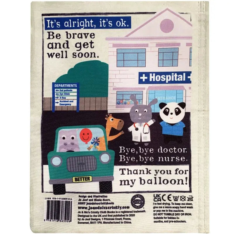 The Crinkly Cloth Book Hospital features animal characters outside a hospital, including a hippo doctor and panda nurse waving. A smiling car arrives with animal friends. Ideal baby gift, it encourages bravery and thanks hospital staff.