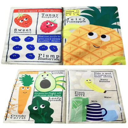 The Crinkly Cloth Book Rainbow Smoothie is a soft, sensory baby book with colorful drawings of smiling fruits and veggies like strawberry, blueberry, and banana, plus health tips on each page to engage little ones.