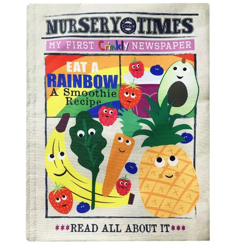 The "Crinkly Cloth Book Rainbow Smoothie" is a colorful baby book featuring smiling fruits and veggies—banana, avocado, carrot, strawberry, and spinach—on the cover with the headline "Eat a Rainbow." A delightful sensory cloth book for children!.