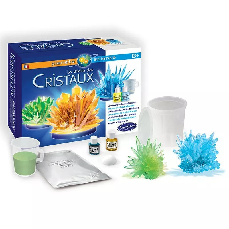 A Sentosphere Chemistry of Crystals kit with a bottle of liquid, a bottle of water, and cristal powder for crystallization.