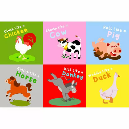 A CubeFun Farm toy set of cards featuring a variety of animals for interactive physical activity with a cube element.