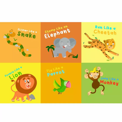 A CubeFun Jungle set of cards featuring various animals, perfect for engaging children in a fun and interactive physical activity.