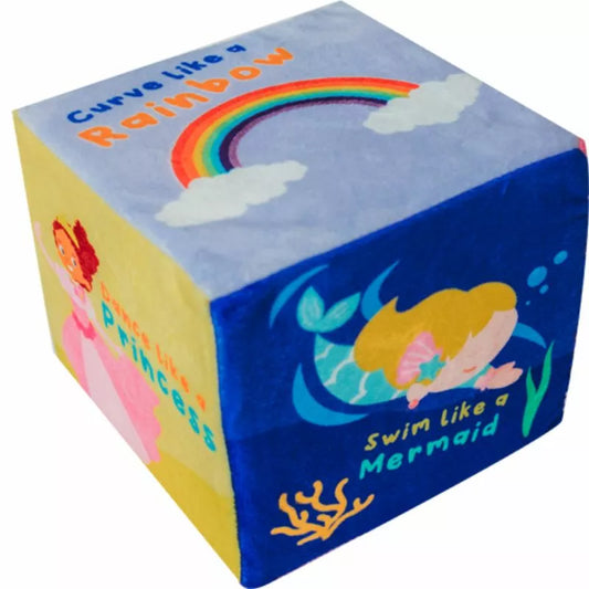 An indoor and outdoor play toy - the CubeFun Mythical, adorned with a mermaid and a rainbow, designed to encourage physical activity.