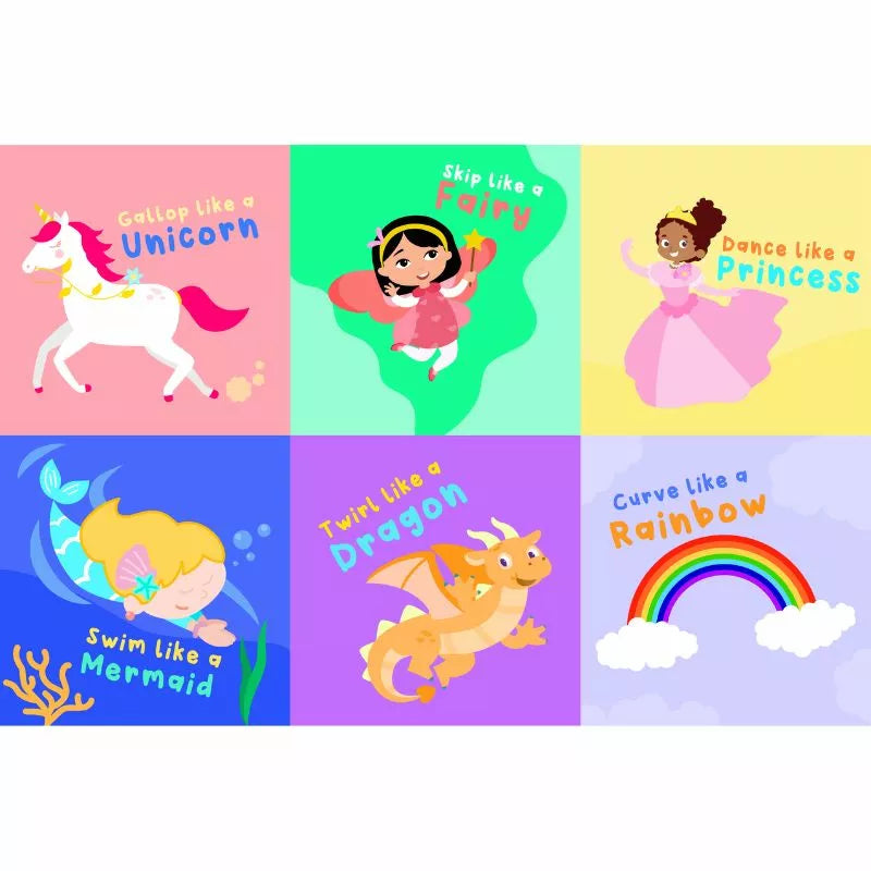 A versatile set of CubeFun Mythical stickers for both indoor and outdoor play, offering a variety of magical designs including the words "I want to be a princess" and a unicorn. Perfect for sparking imaginative play.
