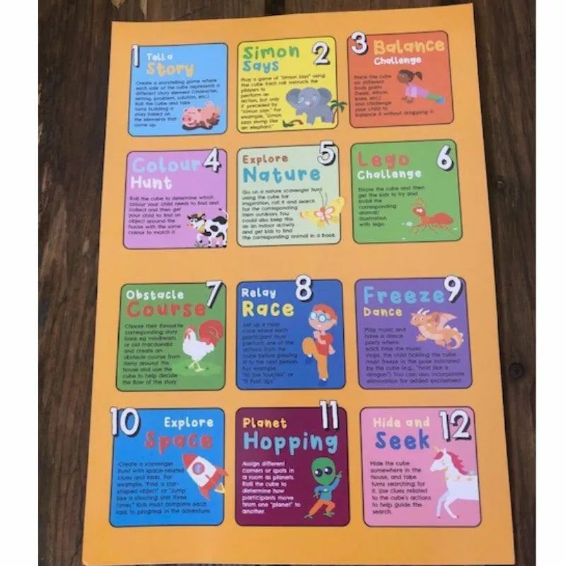 A CubeFun Christmas party game featuring a colorful poster with different animals that promotes physical activity and doubles as a toy.
