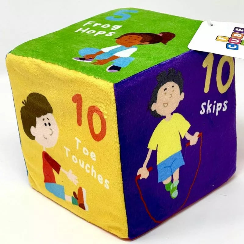 A colorful CubeFun Exercise DUE 2024 with pictures on it, perfect for kids party games.