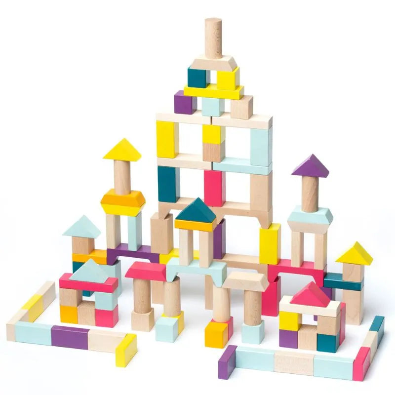 The Cubika ECO Wooden Blocks Construction 1 set includes vibrant rectangular, square, and triangular wooden blocks in yellow, purple, teal, red, and natural wood finishes. Coated with child-safe paints, these blocks can be intricately stacked to create a complex and symmetrical building.