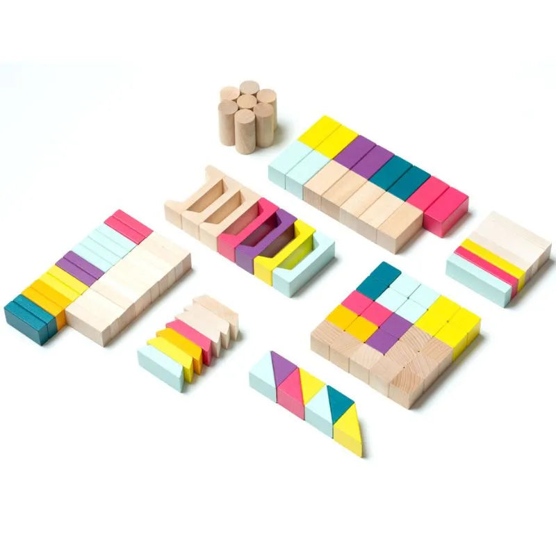 The Cubika ECO Wooden Blocks Construction 1 features a colorful assortment of wooden blocks, painted with child-safe paints, and arranged neatly on a white background. The blocks come in various shapes, sizes, and colors such as blue, pink, yellow, and natural wood tones. This traditional toy includes rectangular prisms, cylinders, and arches.