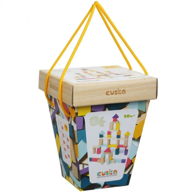 A colorful packaging box for the Cubika ECO Wooden Blocks Construction 1 hangs by yellow strings. Featuring images of the blocks and assembled structures, the box is labeled for ages 18 months and up and showcases Cubika's traditional toy made with child-safe paints.