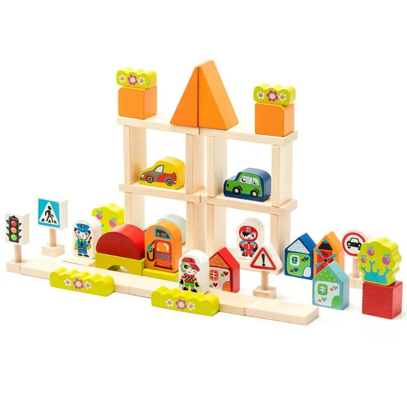 The Cubika ECO Wooden Blocks Construction City is a vibrant set of wooden building blocks that includes structures, vehicles, traffic signs, houses, trees, and figures. Designed for toddlers to create imaginative cityscapes, each piece is painted with safe water-based paints for endless fun.