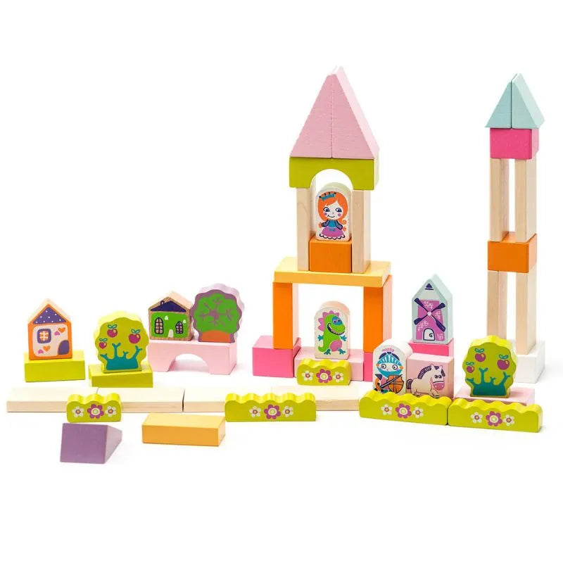 The Cubika ECO Wooden Blocks Construction Fantasy World features a colorful assortment of wooden building blocks, perfect for imaginative play. These blocks, available in various shapes and pastel colors, are adorned with illustrations of animals, flowers, and buildings. They can be arranged to create houses, towers, trees, and characters—making them an ideal choice for toddlers.
