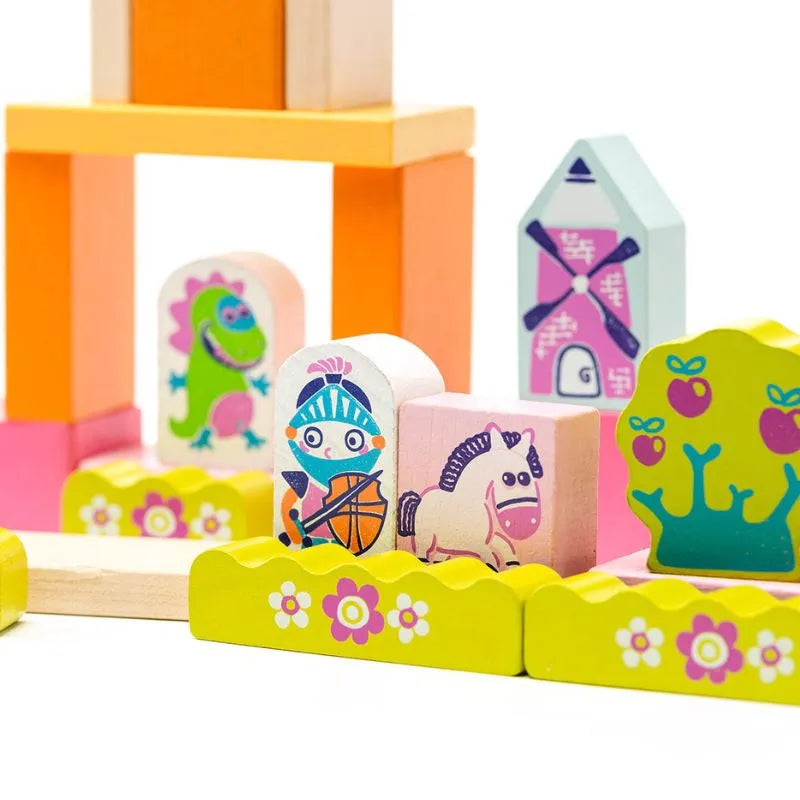 The Cubika ECO Wooden Blocks Construction Fantasy World offers a vibrant collection of wooden toy blocks, featuring designs such as a dinosaur, a knight, a horse, an apple tree, and a windmill. Ideal for toddlers and stimulating imaginative play, these blocks can be assembled to create various structures or scattered for open-ended fun. The blocks are crafted in bright and vivid colors.