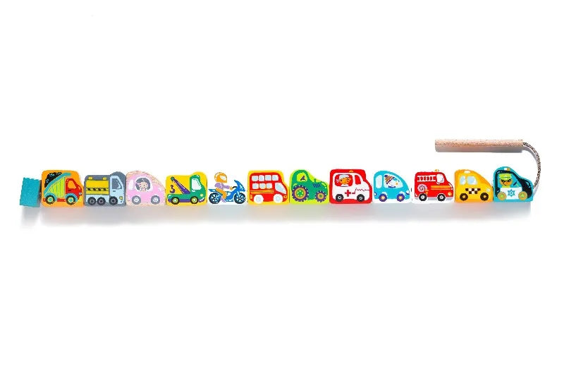 The Wooden Lacing Toy Flying Cars set includes a vibrant assortment of wooden modes of transportation such as trucks, a bus, a tractor, a police car, an ambulance, and a sailboat. Each vehicle is an individual piece that fits along a rail with wooden handles, designed to help develop fine motor skills.