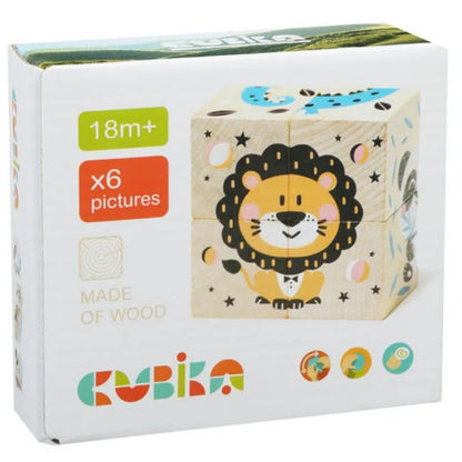 A box of Cubika ECO Wooden Blocks Animals designed for children aged 18 months and older. This Montessori concept wooden toy allows children to create six different animal puzzles, including one of a lion. The front of the box showcases an assembled lion picture with vibrant text and illustrations.