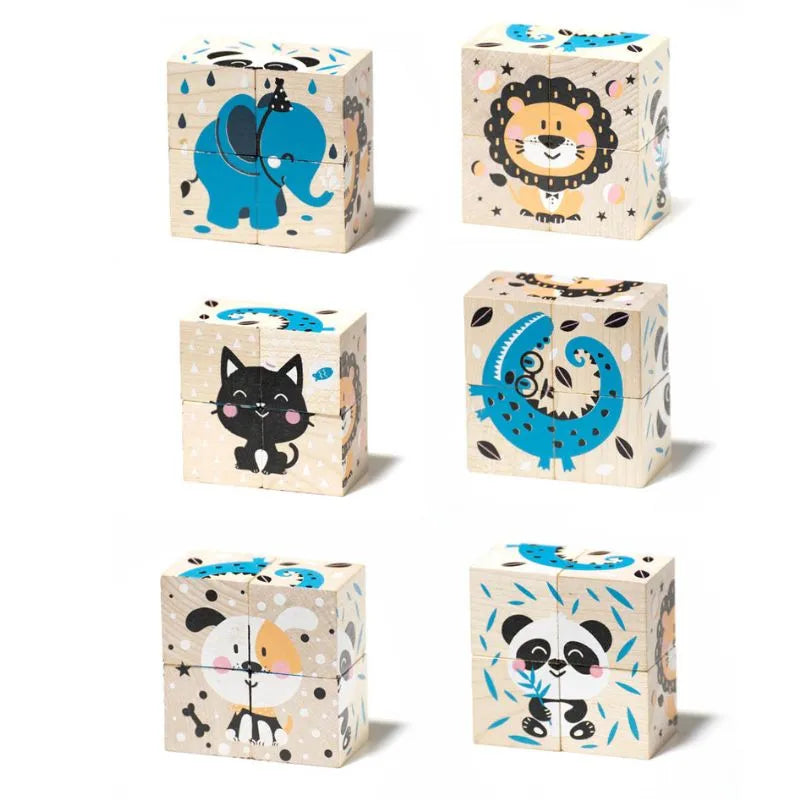 The Cubika ECO Wooden Blocks Animals form six different animal puzzles: a blue elephant in the top left, a lion in the top right, a black cat in the middle left, a blue dinosaur in the middle right, a dog at the bottom left, and a panda at the bottom right. This wooden toy adheres to Montessori principles to stimulate young minds.