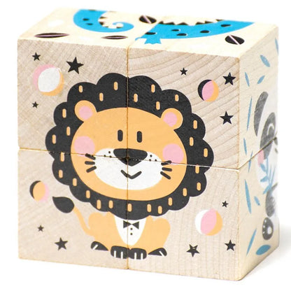 The **Cubika ECO Wooden Blocks Animals** set includes four wooden blocks that can be arranged to create a picture of a lion wearing a bow tie. This charming toy is made from light-colored wood and features printed designs, including stars, circles, and whimsical patterns in black, pink, and blue. It's an engaging addition for animal puzzles inspired by the Montessori concept.