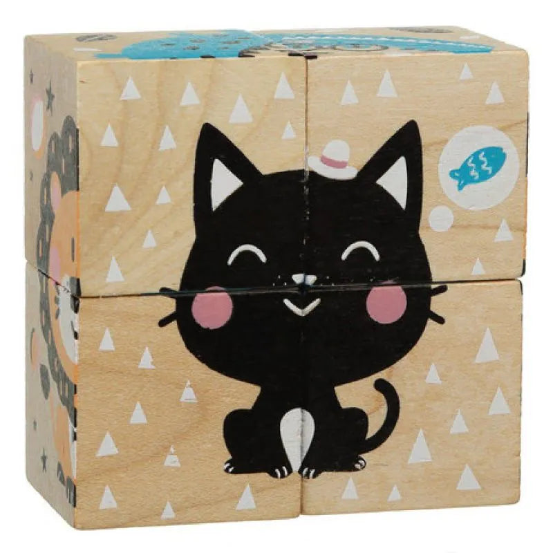 The Cubika ECO Wooden Blocks Animals is a charming wooden toy puzzle featuring an illustration of an adorable black cat with pink cheeks, a small hat, and a white belly. The blocks have a light brown background adorned with small white triangles and floating speech bubbles containing blue fish. Perfect for fans of animal puzzles and Montessori concepts.