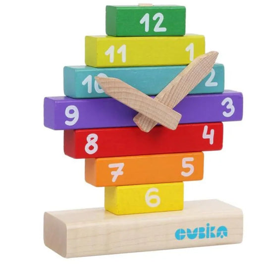 The Cubika ECO Wooden Construction Clock is a vibrant developmental toy with colorful block segments and wooden hands. Each numbered block, from 1 to 12, forms a tree-like structure, making it an engaging learning clock for kids.