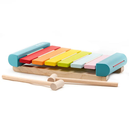 The Cubika Wooden Xylophone is a vibrant wooden xylophone ideal for toddlers. It features eight colorful bars in shades of red, orange, yellow, green, and blues on a sturdy base. The set includes two small mallets designed to inspire children to create delightful music.