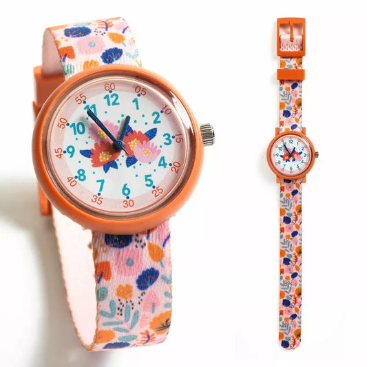 A Djeco Watch Flowers and a watch strap with flowers on them.