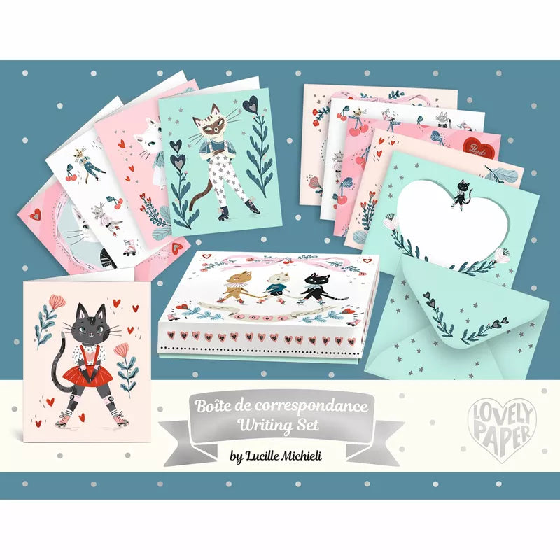 A set of Djeco Correspondence Lucille Writing Set cards and envelopes with illustrations of a cat on them, featuring a metallic finish.