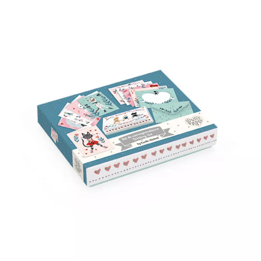 A box with Djeco Correspondence Lucille Writing Set in it, each featuring unique illustrations and a metallic finish.