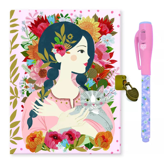 A Djeco Notebooks Oana Secret Notebook Witn Magic Pen with illustrations of a girl holding a cat.