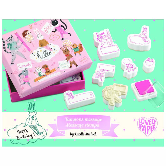 A pink box filled with Djeco Correspondence Lucille Message Stamps for message stamping.