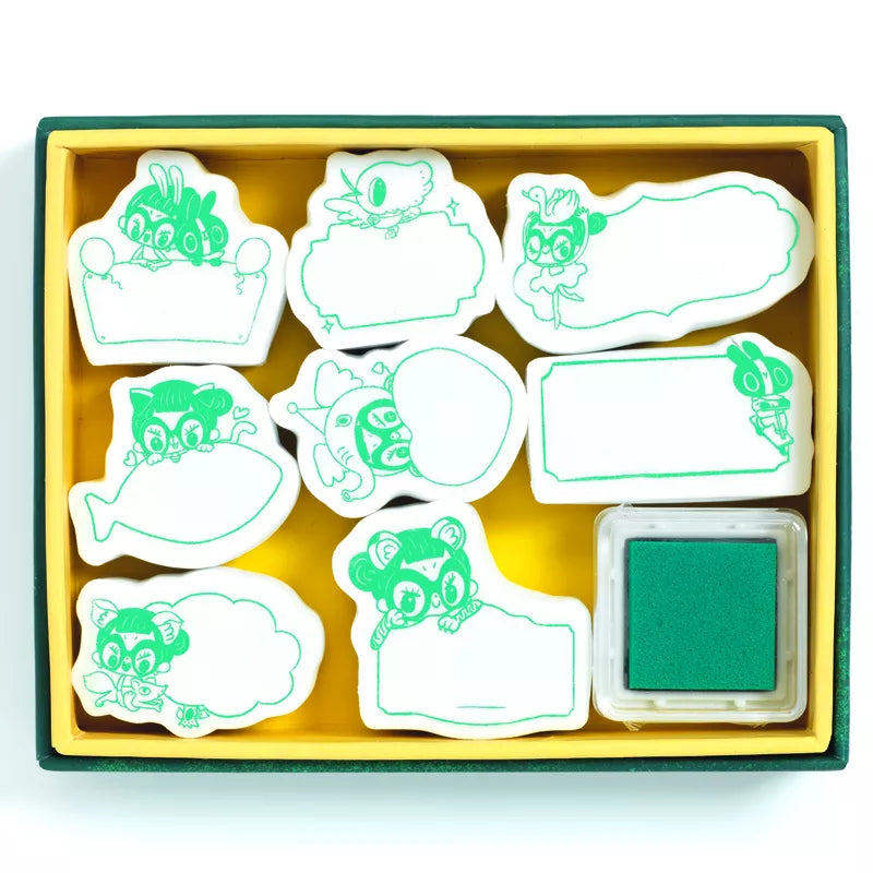 A set of Djeco Correspondence Lam Message Stamps in a green box.