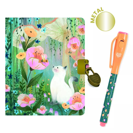 A Djeco Notebooks Kendra Little Secret Notebook - Magic Pen with a cat and flowers next to it.