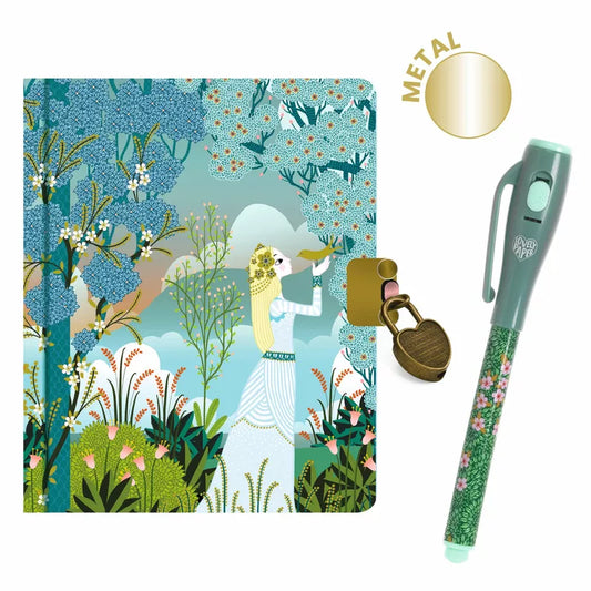 A Djeco Notebooks Charlotte Little Secret Notebook - Magic Pen with an illustration of a girl, a pen, and UV light secrets.