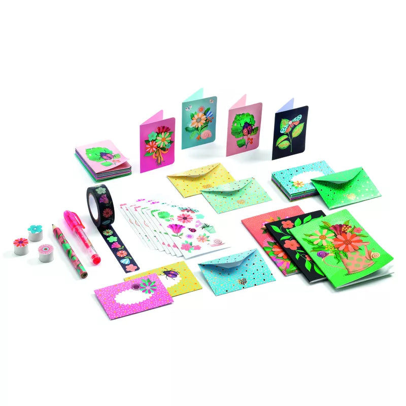 A Djeco Correspondence Marie Mini Writing Set containing cards, stickers, and tape.