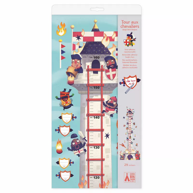 A Djeco Knight's Tower Height Chart sticker with fire fighters on it.