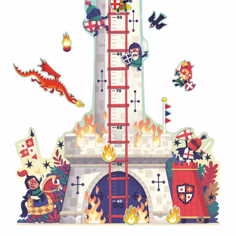 A drawing of the Djeco Knight's Tower Height Chart with a fire escape.