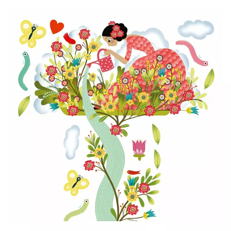 A "Djeco Young Girl in the Garden Height Chart" woman sitting on top of a tree filled with flowers.