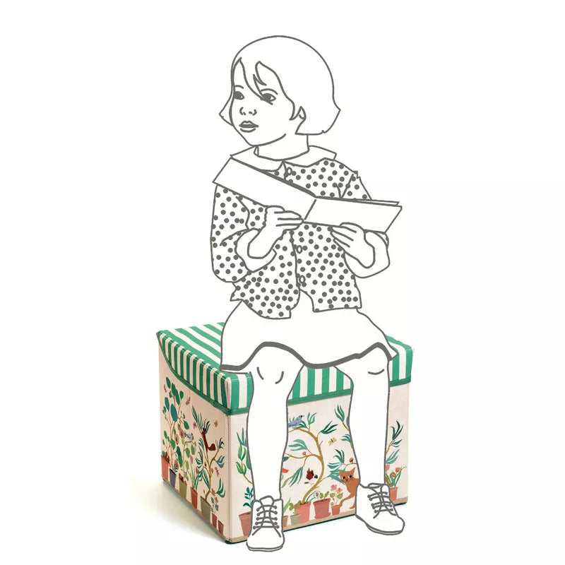 A drawing of a woman sitting on top of a Djeco Seat Toy Box Garden.