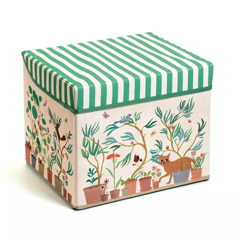 A small Djeco Seat Toy Box Garden with a painting of animals on it.