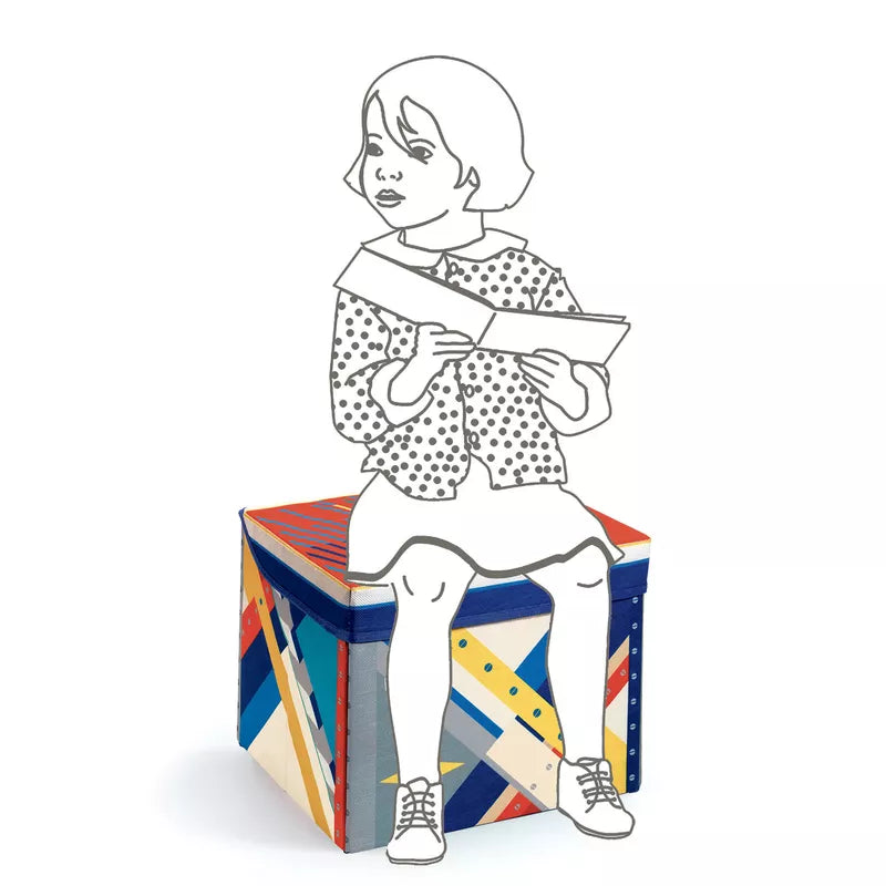 A drawing of a woman sitting on top of a Djeco Seat Toy Box Rocket by Djeco.