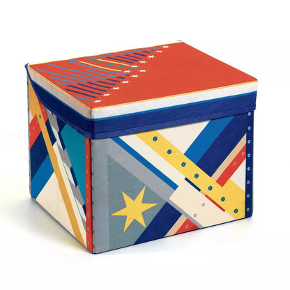 A colorful Djeco Seat Toy Box Rocket with a design on it.