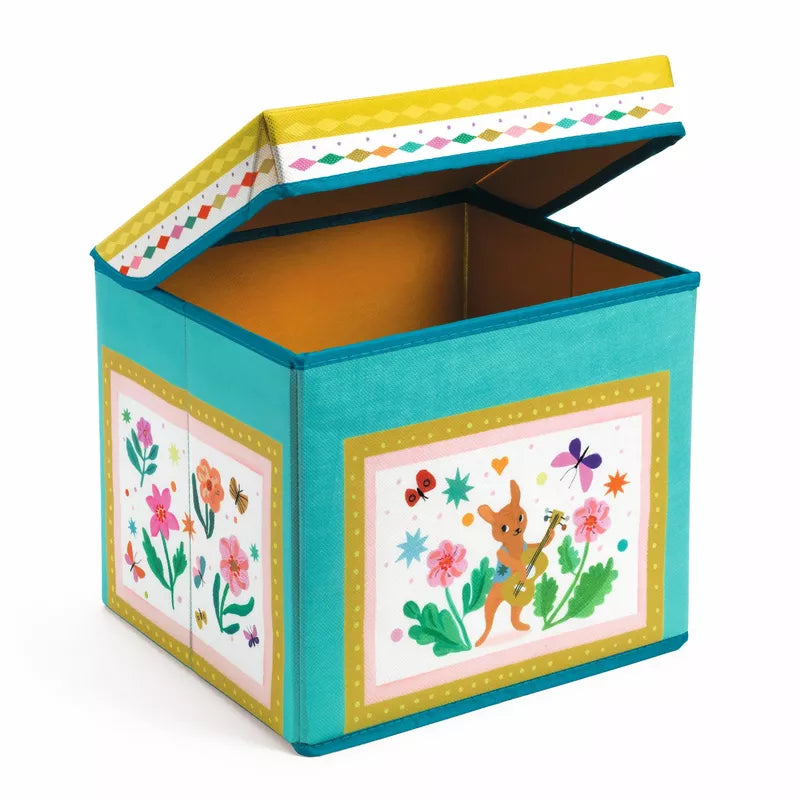 A Djeco Seat Toy Box - Caravan with a kangaroo and flowers on it.